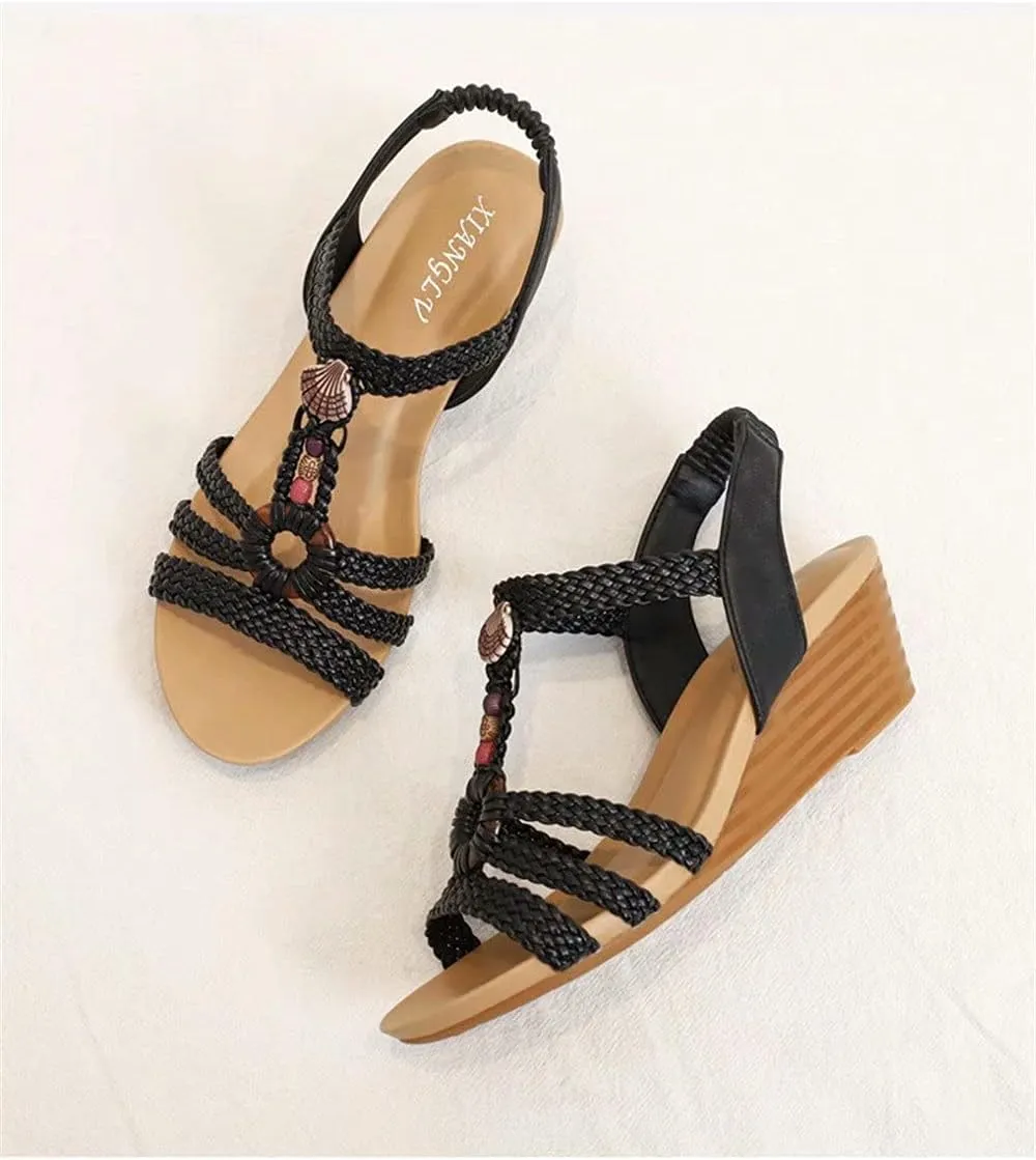 Wedge Sandals for Women Casual Summer Bohemian Rhinestone Beaded Platform Sandals Breathable Cutout Open Toe Elastic Band Dress Sandals Comfy Elastic Slingback T Strap Mid Heeled Beach Sandals