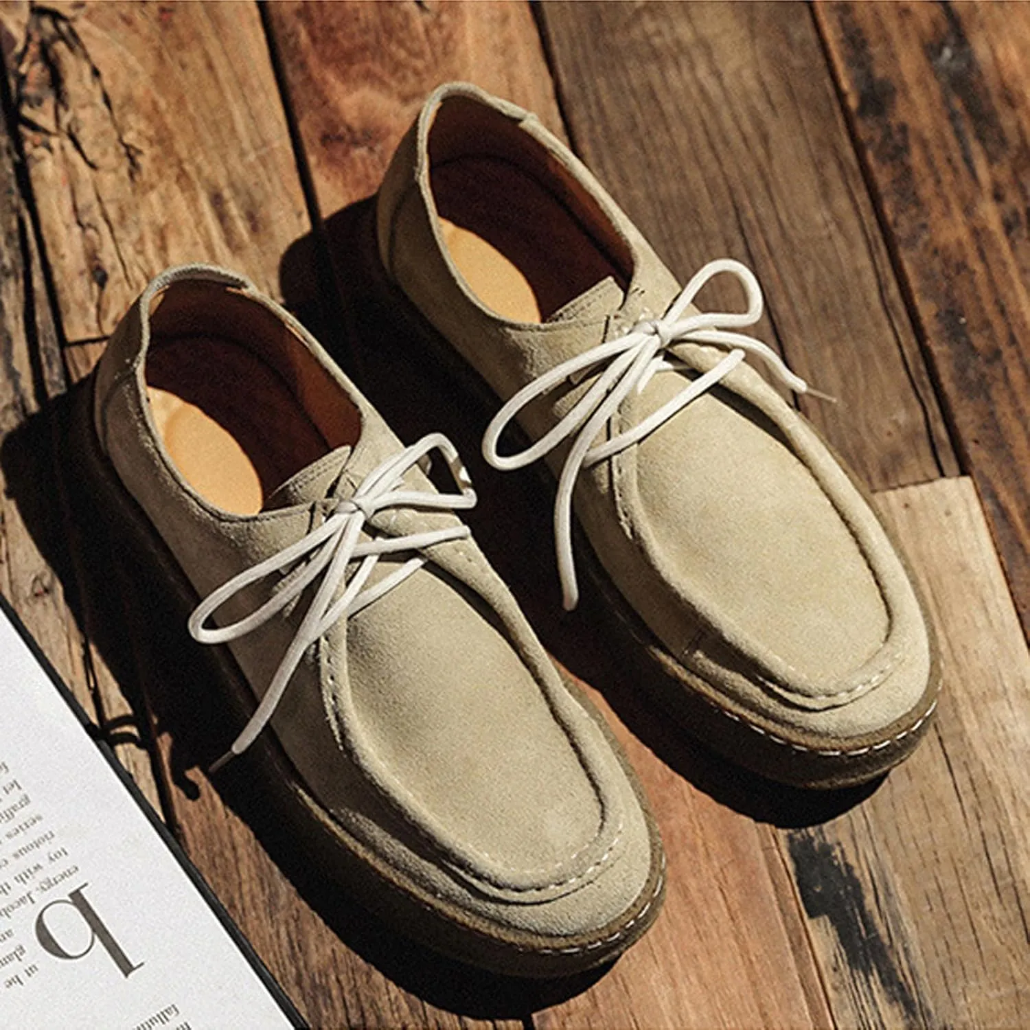 WENOREG Men's Suede Lace Up Casual Loafers Fashion Comfort Slip-ons 2-Eye Thick Sole Waterproof Walking Sneakers Outdoor Flat Low Top Lightweight Walking Working Office Work Mocassins Shoes