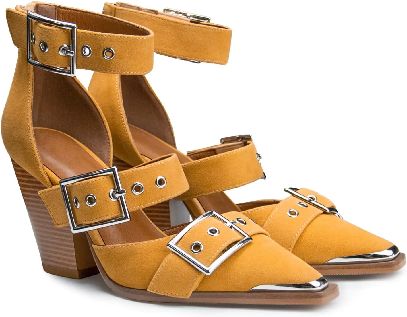 Western Sandals for Women Chunky Heel Pointed Toe Pumps Metal Buckle Strappy Western Comfortable Bridal Shoes