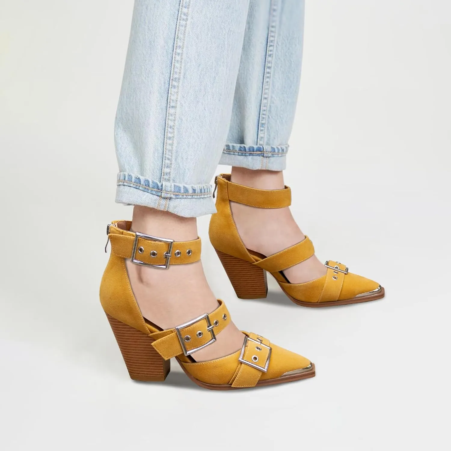 Western Sandals for Women Chunky Heel Pointed Toe Pumps Metal Buckle Strappy Western Comfortable Bridal Shoes