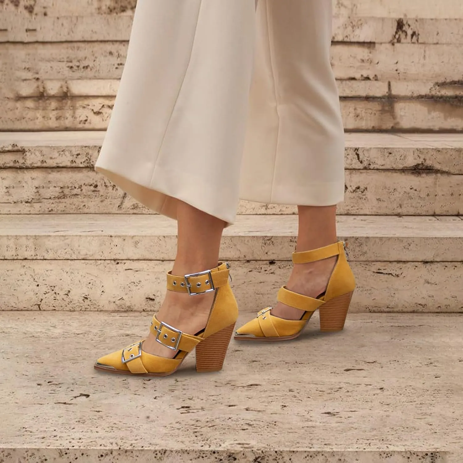 Western Sandals for Women Chunky Heel Pointed Toe Pumps Metal Buckle Strappy Western Comfortable Bridal Shoes
