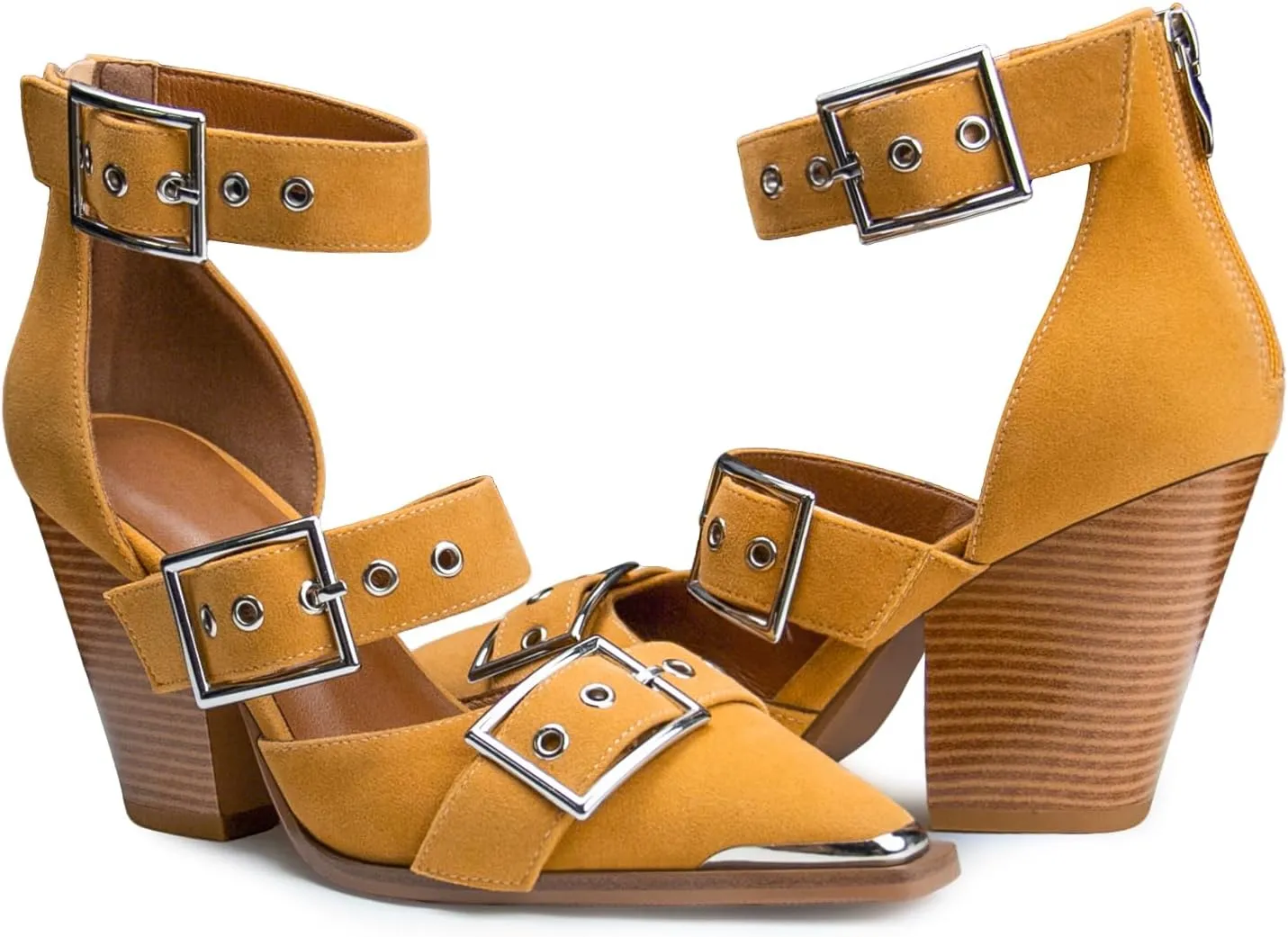 Western Sandals for Women Chunky Heel Pointed Toe Pumps Metal Buckle Strappy Western Comfortable Bridal Shoes