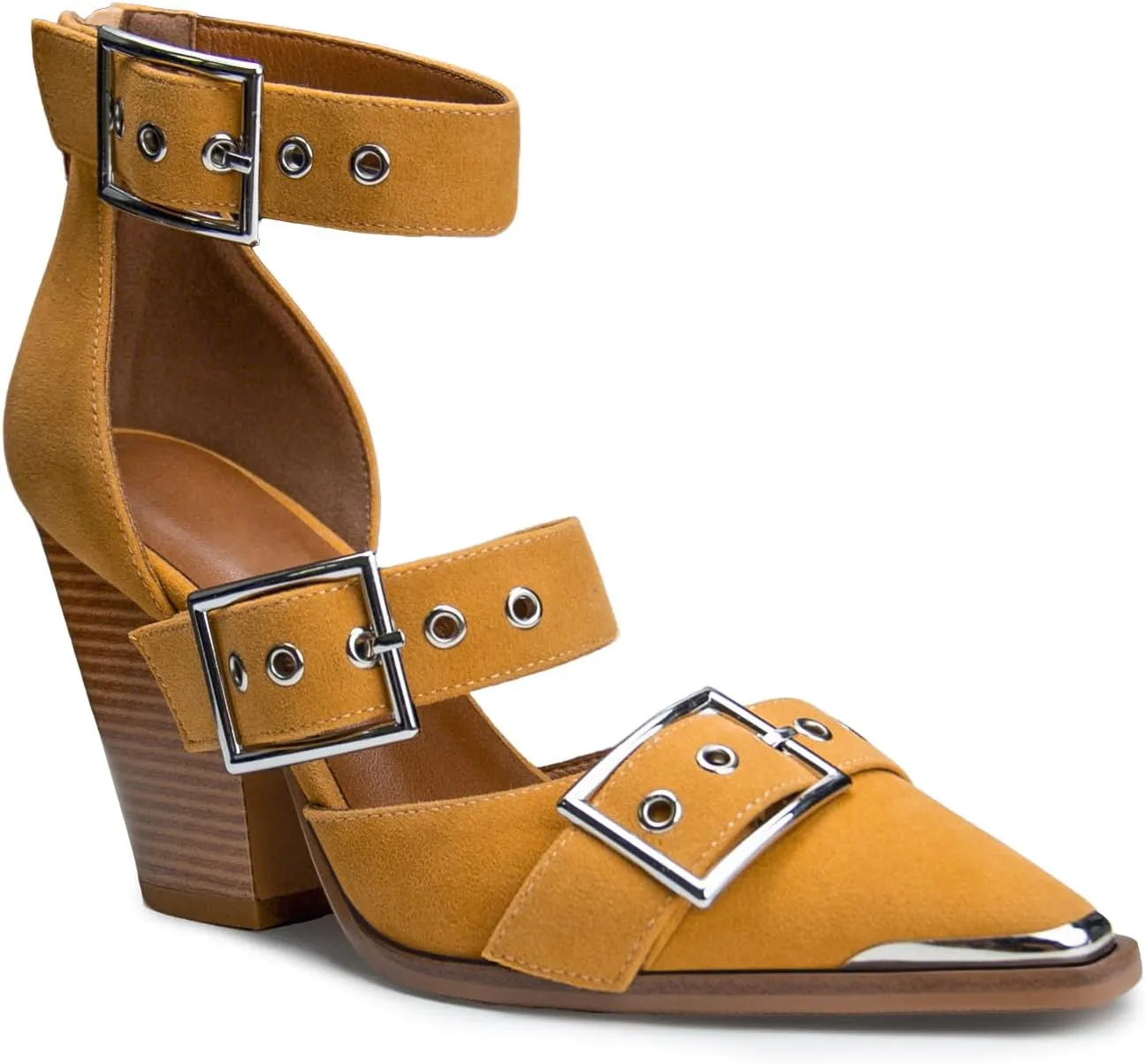 Western Sandals for Women Chunky Heel Pointed Toe Pumps Metal Buckle Strappy Western Comfortable Bridal Shoes