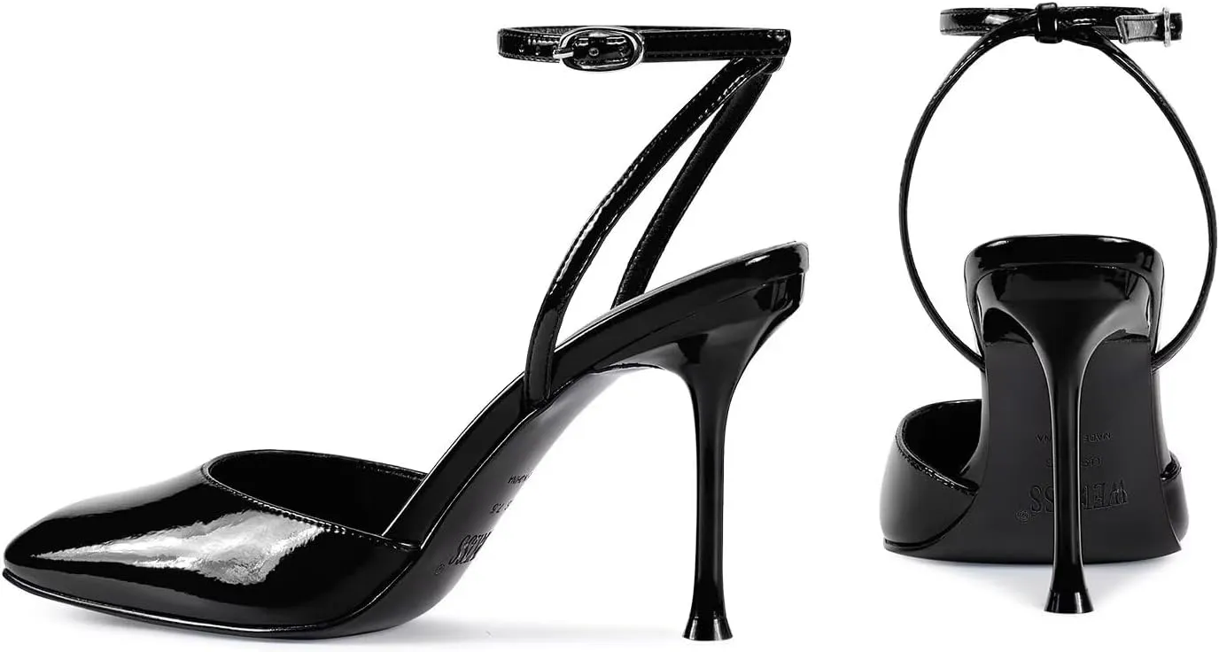 wetkiss Heels for Women Square Toe Pumps, Ankle Strap Stiletto High Heels Patent Leather Pumps for Dress Wedding Party Club