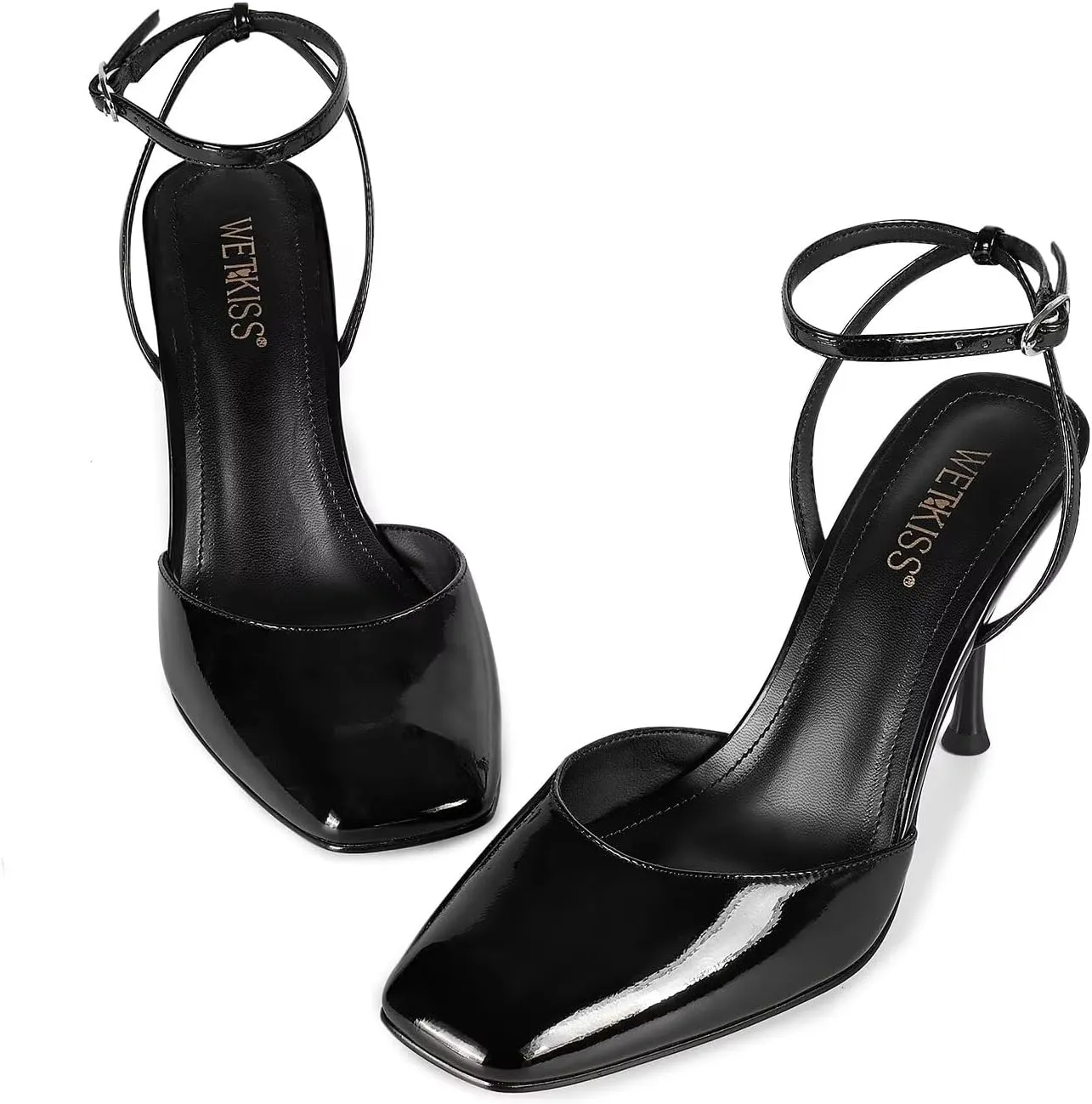 wetkiss Heels for Women Square Toe Pumps, Ankle Strap Stiletto High Heels Patent Leather Pumps for Dress Wedding Party Club