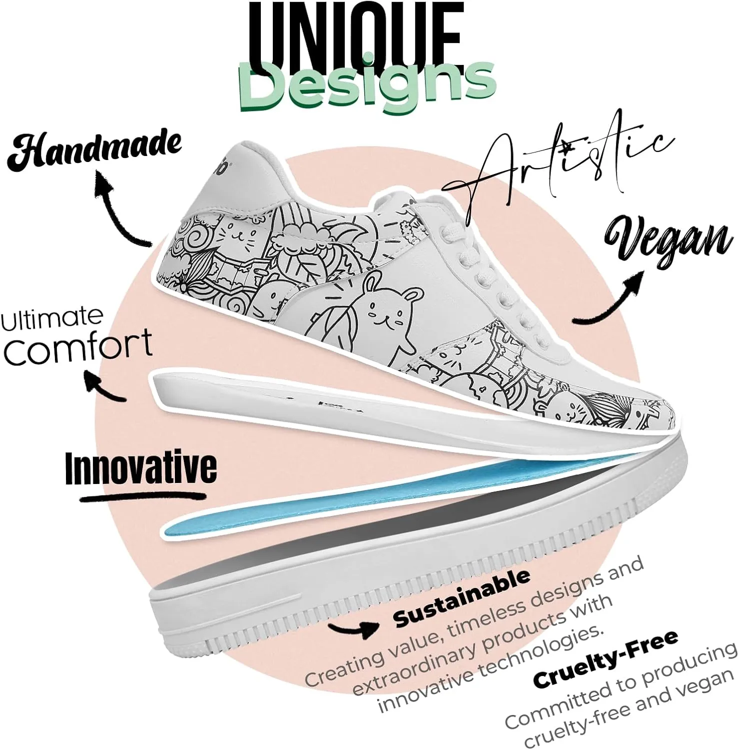 White Sneakers for Women - Handmade Women's Fashion Sneakers, Vegan Leather and Unique Design Dice Sneakers
