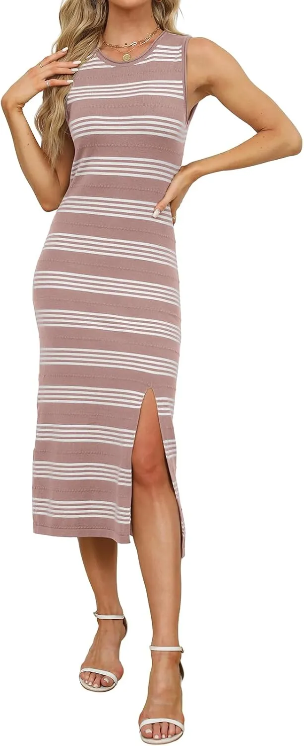WIHOLL Womens Bodycon Summer Casual Midi Sundress Sleeveless Cute Hollow Out Knit Side Slit Striped Long Tank Dress