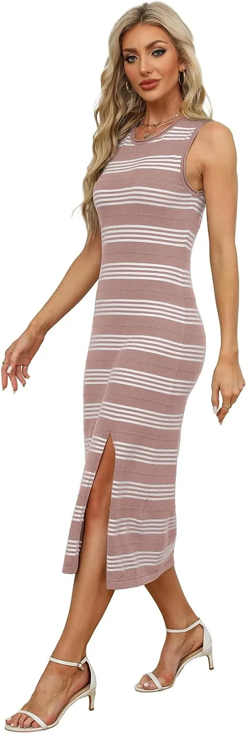 WIHOLL Womens Bodycon Summer Casual Midi Sundress Sleeveless Cute Hollow Out Knit Side Slit Striped Long Tank Dress