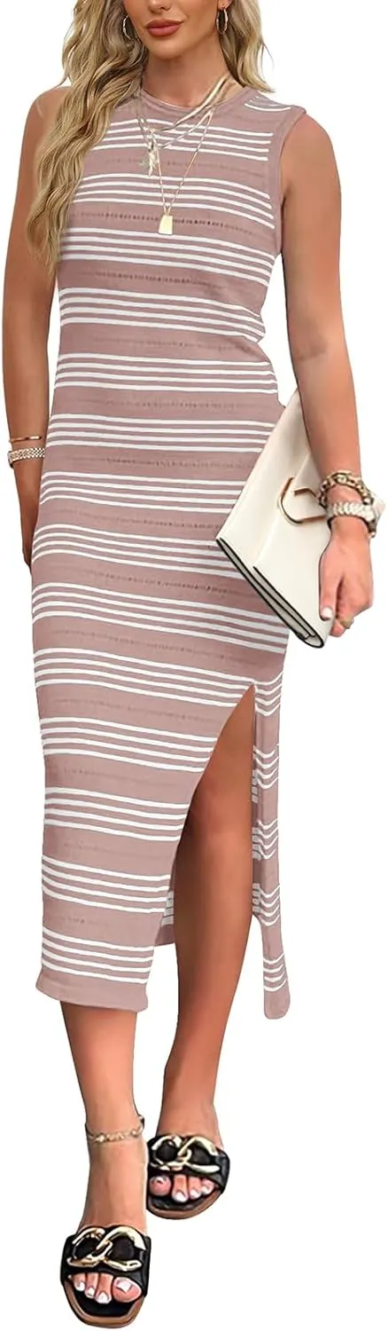 WIHOLL Womens Bodycon Summer Casual Midi Sundress Sleeveless Cute Hollow Out Knit Side Slit Striped Long Tank Dress