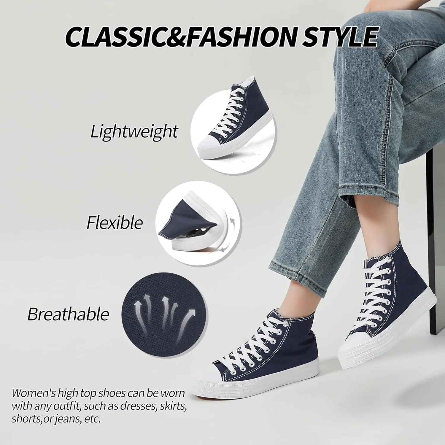 Witwatia Women's High Top Canvas Shoes Black White Fashion Sneakers for Women Comfortable Lace Up Walking Shoes