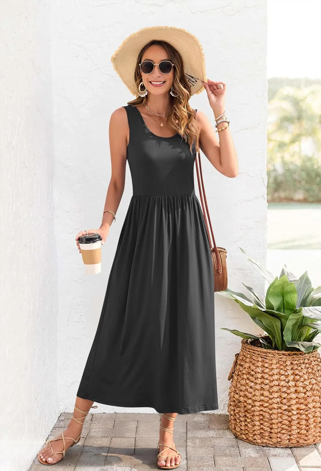 WNEEDU Women's Summer Maxi Dress 2025 Casual Sleeveless Hawaiian Sundress Tropical Long Dress Beach Vacation Outfit