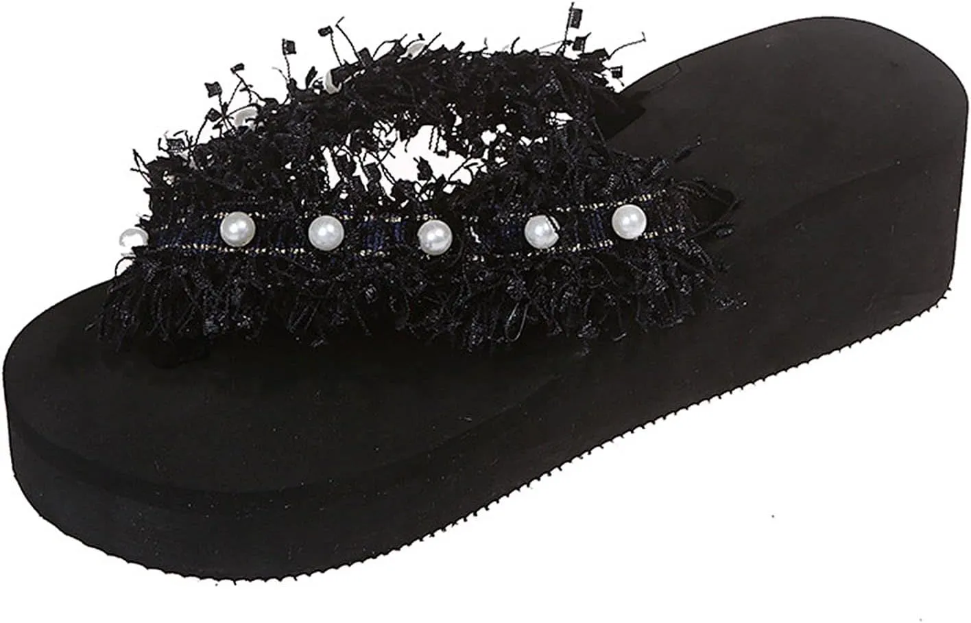 WOilERQ Ladies Fringed Open-Toed Sandals and Slippers Pearl Flip-Flops Flat Sandals Beach Shoes for Outdoor Wear in Summer Suitable for Indoor and Outdoor,Black,42