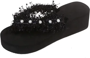 WOilERQ Ladies Fringed Open-Toed Sandals and Slippers Pearl Flip-Flops Flat Sandals Beach Shoes for Outdoor Wear in Summer Suitable for Indoor and Outdoor,Black,42