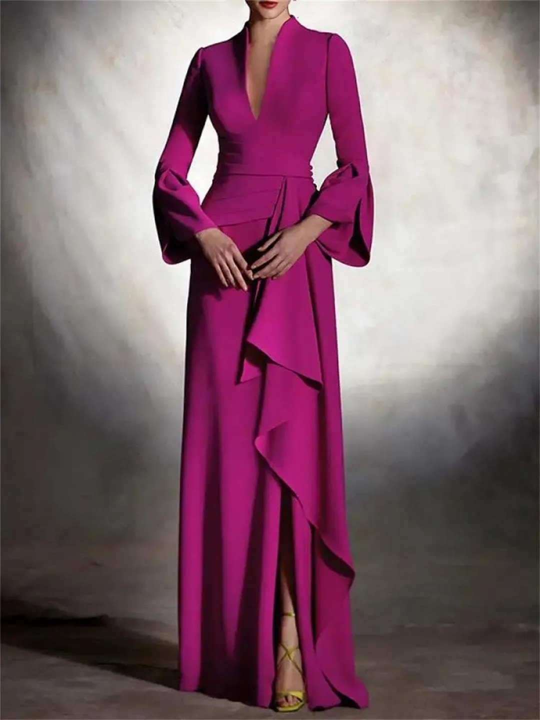 Women Deep V-Neck Vintage Dress High Waist Ruffled Pleated Floor Length Evening Dresses
