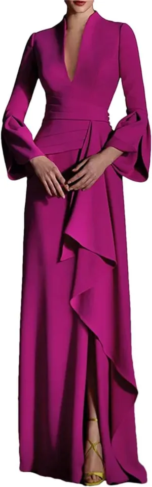 Women Deep V-Neck Vintage Dress High Waist Ruffled Pleated Floor Length Evening Dresses