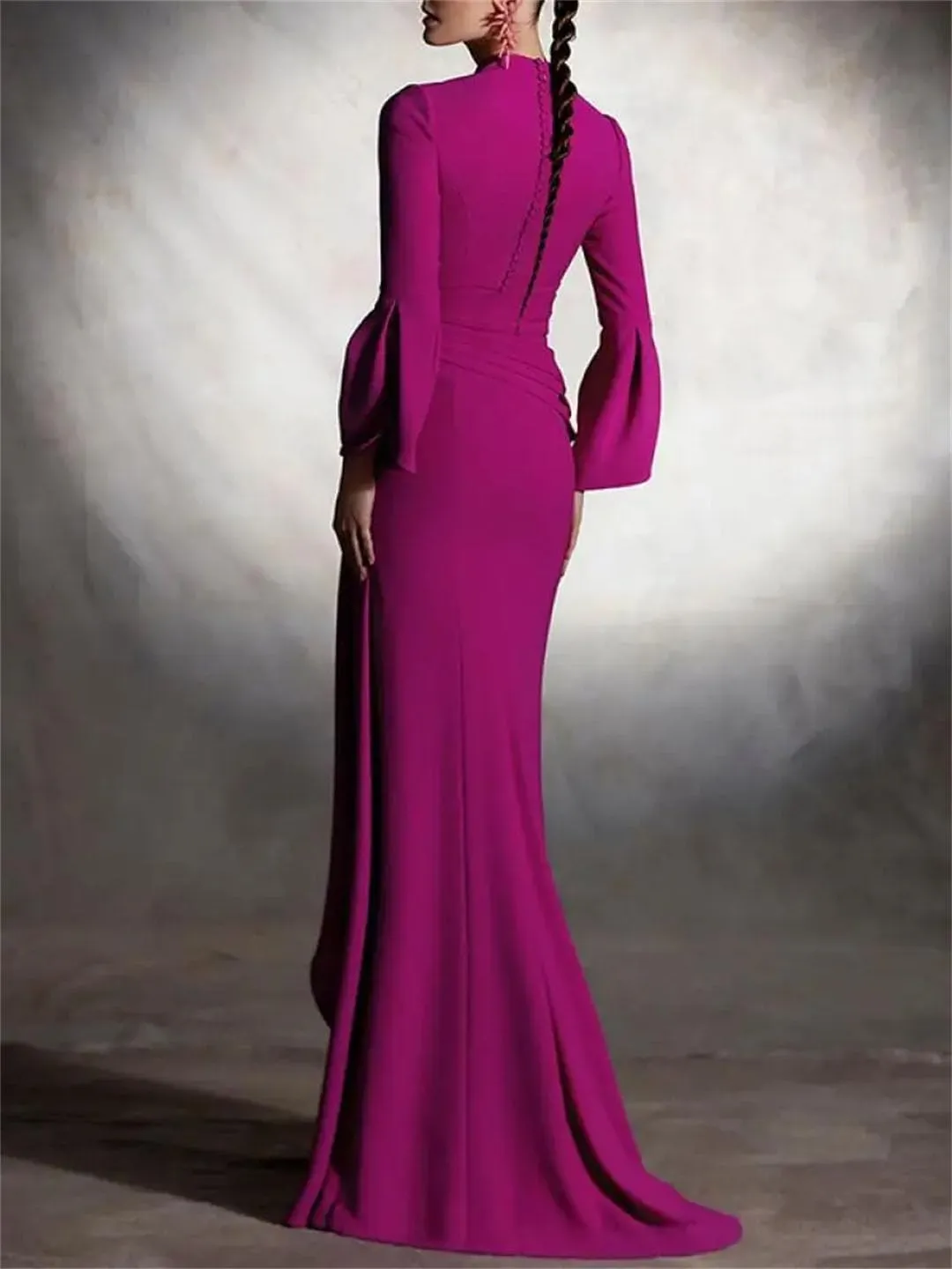 Women Deep V-Neck Vintage Dress High Waist Ruffled Pleated Floor Length Evening Dresses