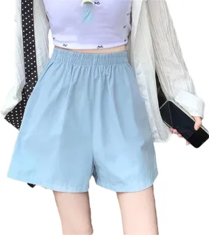 Women Double Pockets Short Pants Lady Solid Wide Leg Cotton Baggy High Waisted Shorts