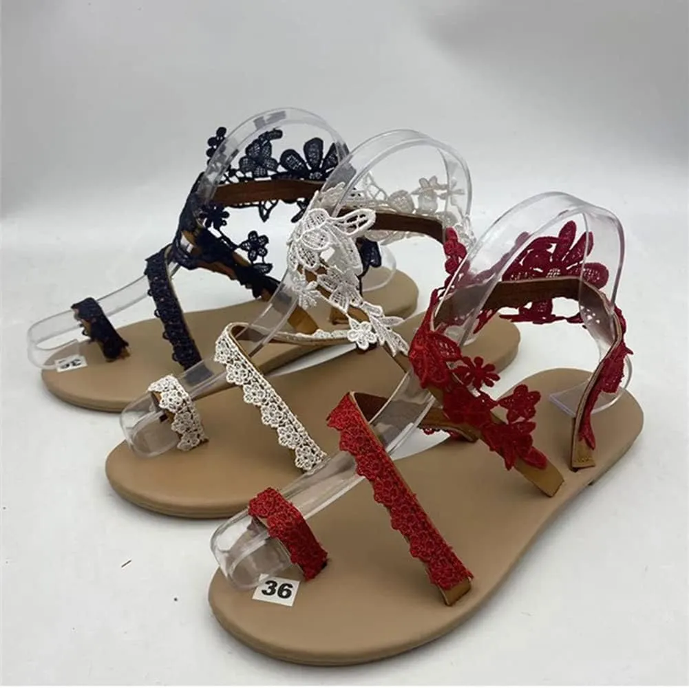 Women Flip-Flops Bohemian Sandals Lace Strap Flat Beach Shoes Toe Ring Sandals Casual Boho Flower Summer Outdoor Toe Post Sandals 2022 Roman Shoes