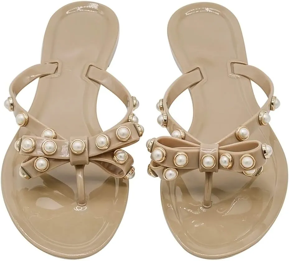 Women Flip-Flops Jelly Thong Rubber Strap Pearled Bow Sandals Beach Flat Rivets Rain Shoes