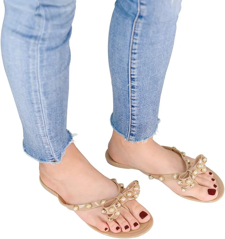 Women Flip-Flops Jelly Thong Rubber Strap Pearled Bow Sandals Beach Flat Rivets Rain Shoes