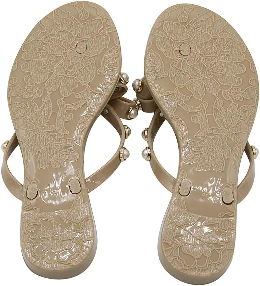 Women Flip-Flops Jelly Thong Rubber Strap Pearled Bow Sandals Beach Flat Rivets Rain Shoes