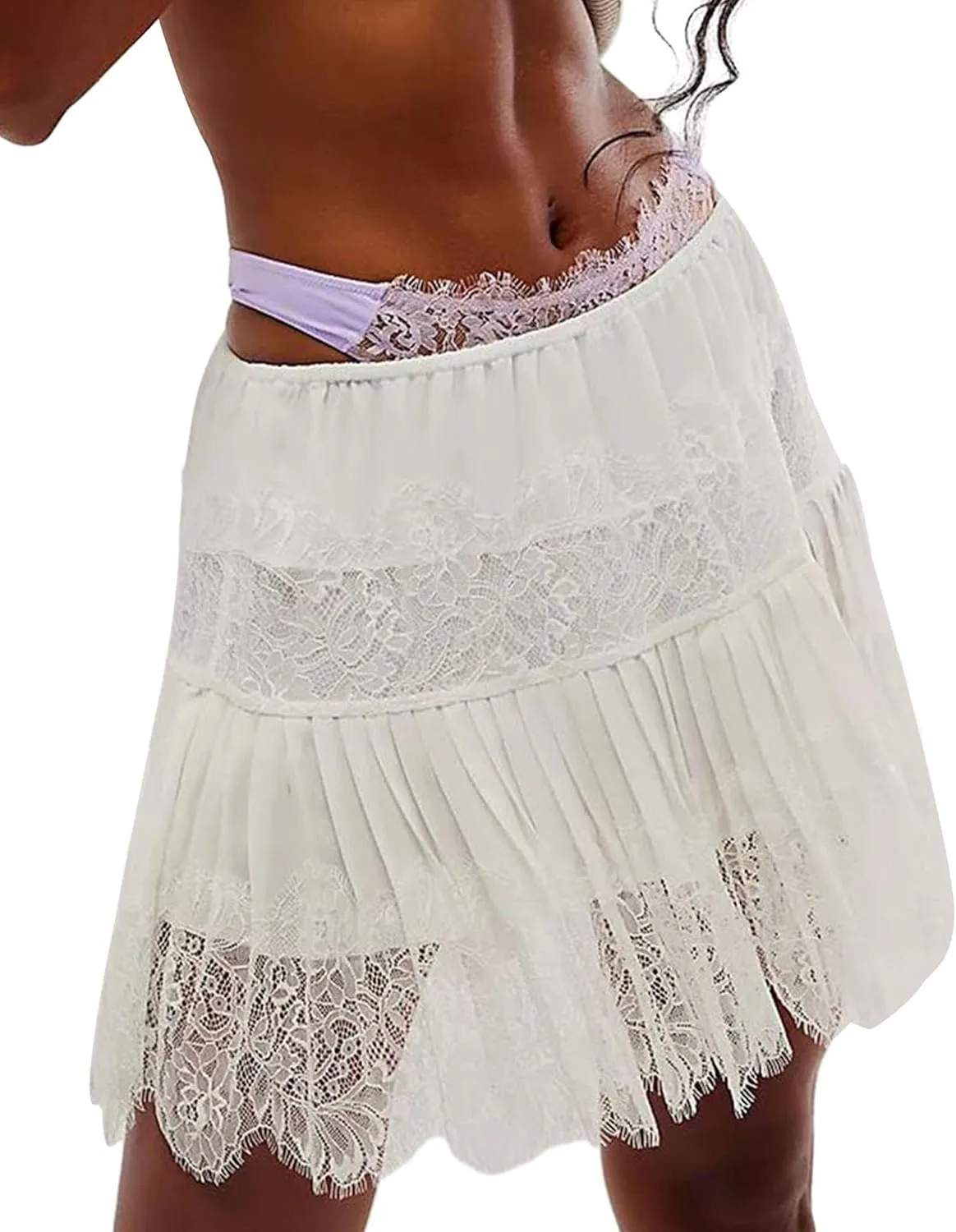 Women Floral Lace Mini Skirt Y2k Low Rise Layered Ruffled Hem Pleated A Line Short Skirt Lace Half Slip Underskirt