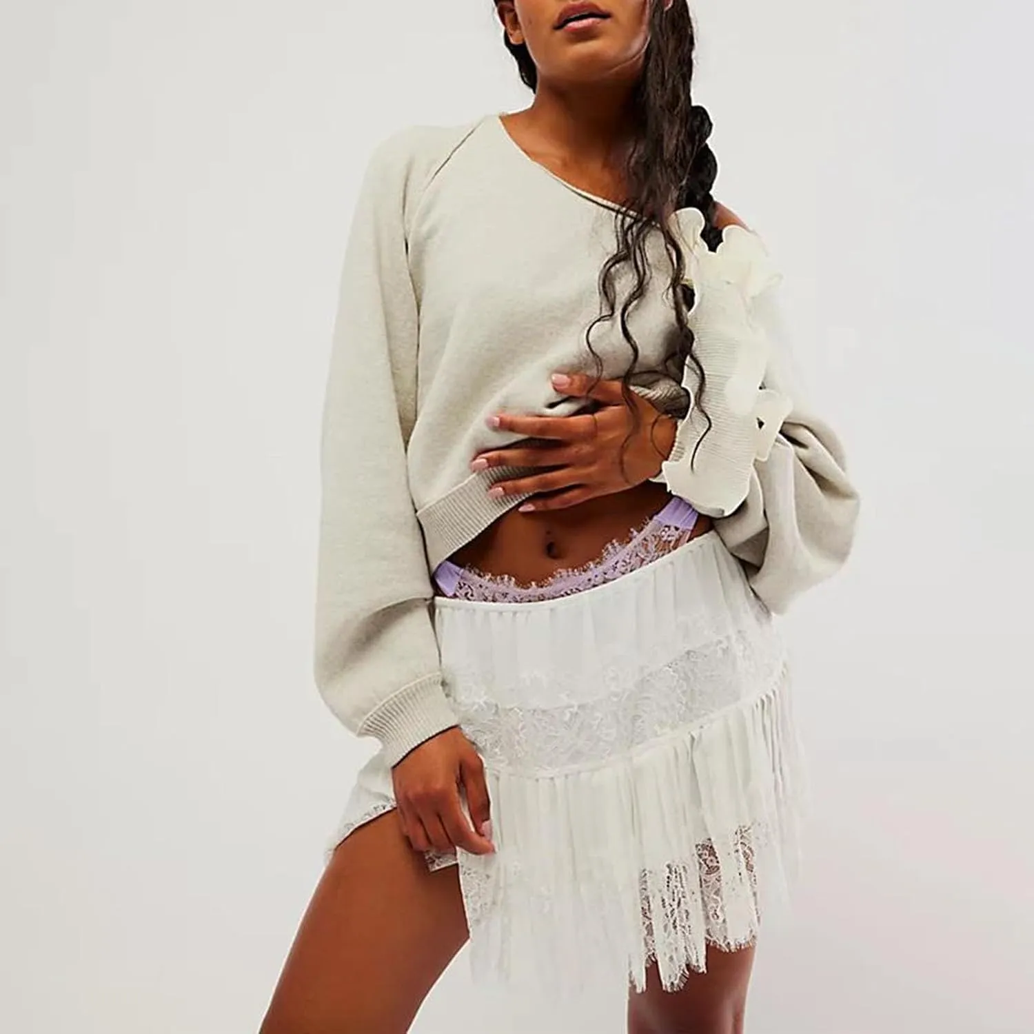 Women Floral Lace Mini Skirt Y2k Low Rise Layered Ruffled Hem Pleated A Line Short Skirt Lace Half Slip Underskirt