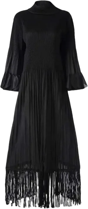 Women High Neck Maxi Dress Long Sleeves Tassel Hem Solid A-Line Party Casual Dresses