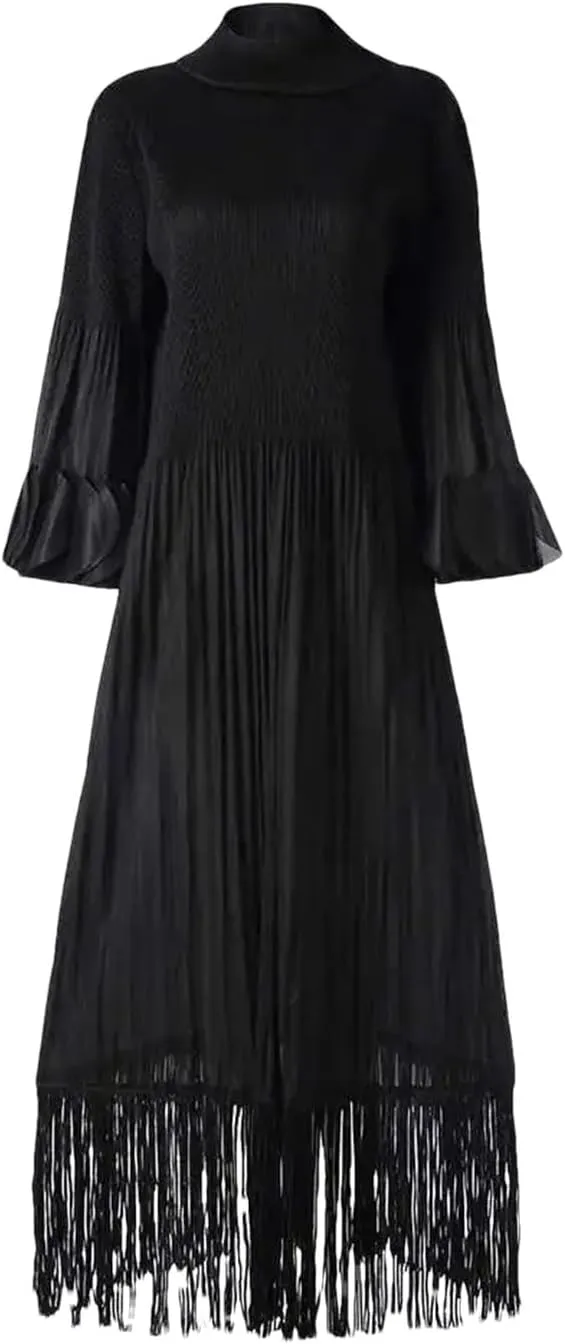Women High Neck Maxi Dress Long Sleeves Tassel Hem Solid A-Line Party Casual Dresses