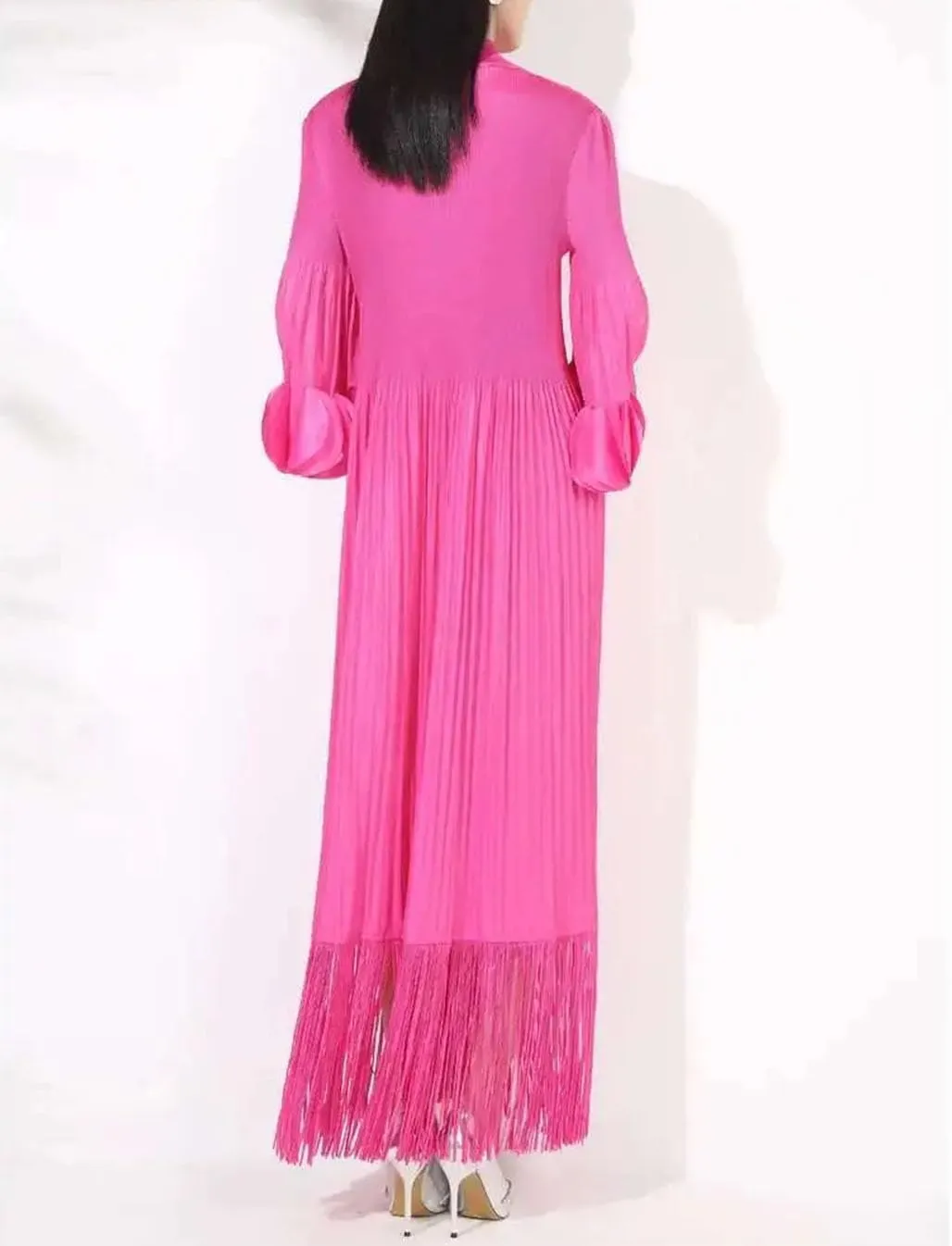 Women High Neck Maxi Dress Long Sleeves Tassel Hem Solid A-Line Party Casual Dresses