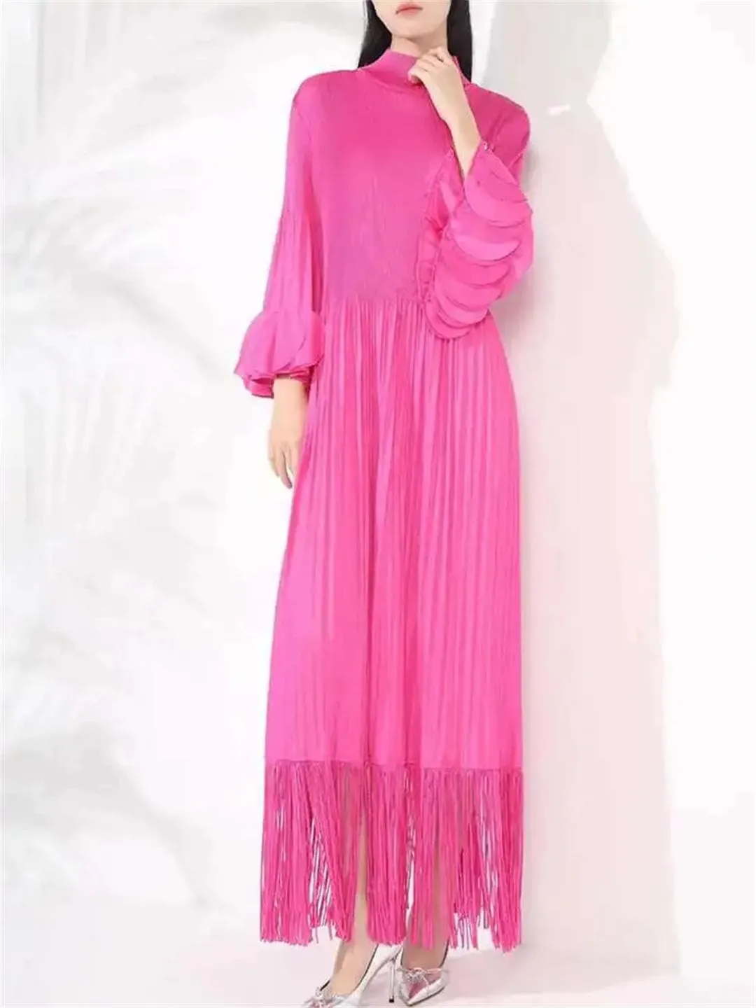 Women High Neck Maxi Dress Long Sleeves Tassel Hem Solid A-Line Party Casual Dresses