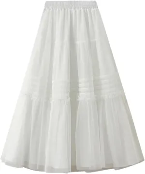 Women High Waist Loos A-Line Tulle Skirts Summer Solid Color Mesh Midi Long Skirt