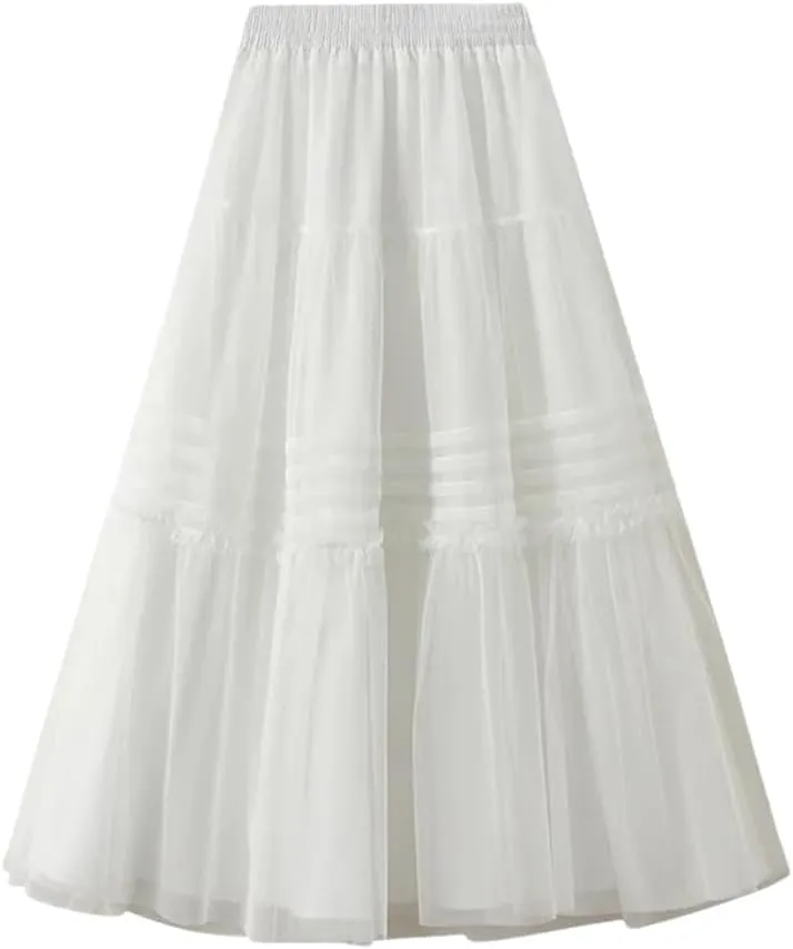 Women High Waist Loos A-Line Tulle Skirts Summer Solid Color Mesh Midi Long Skirt