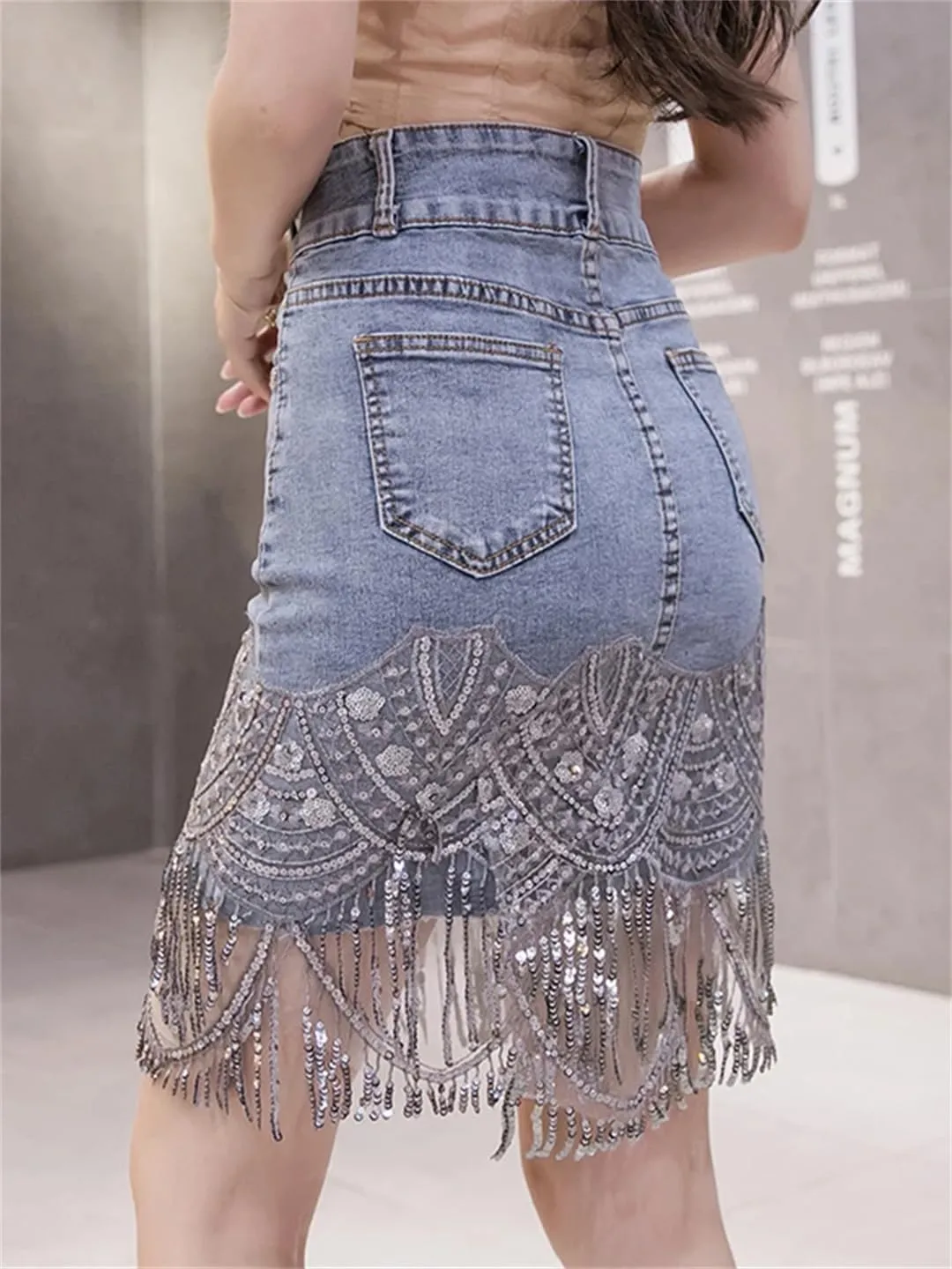 Women Patchwork Denim Mini Skirt High Waist Sequined Tassel Package Hip Jeans Skirts