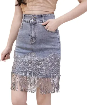 Women Patchwork Denim Mini Skirt High Waist Sequined Tassel Package Hip Jeans Skirts