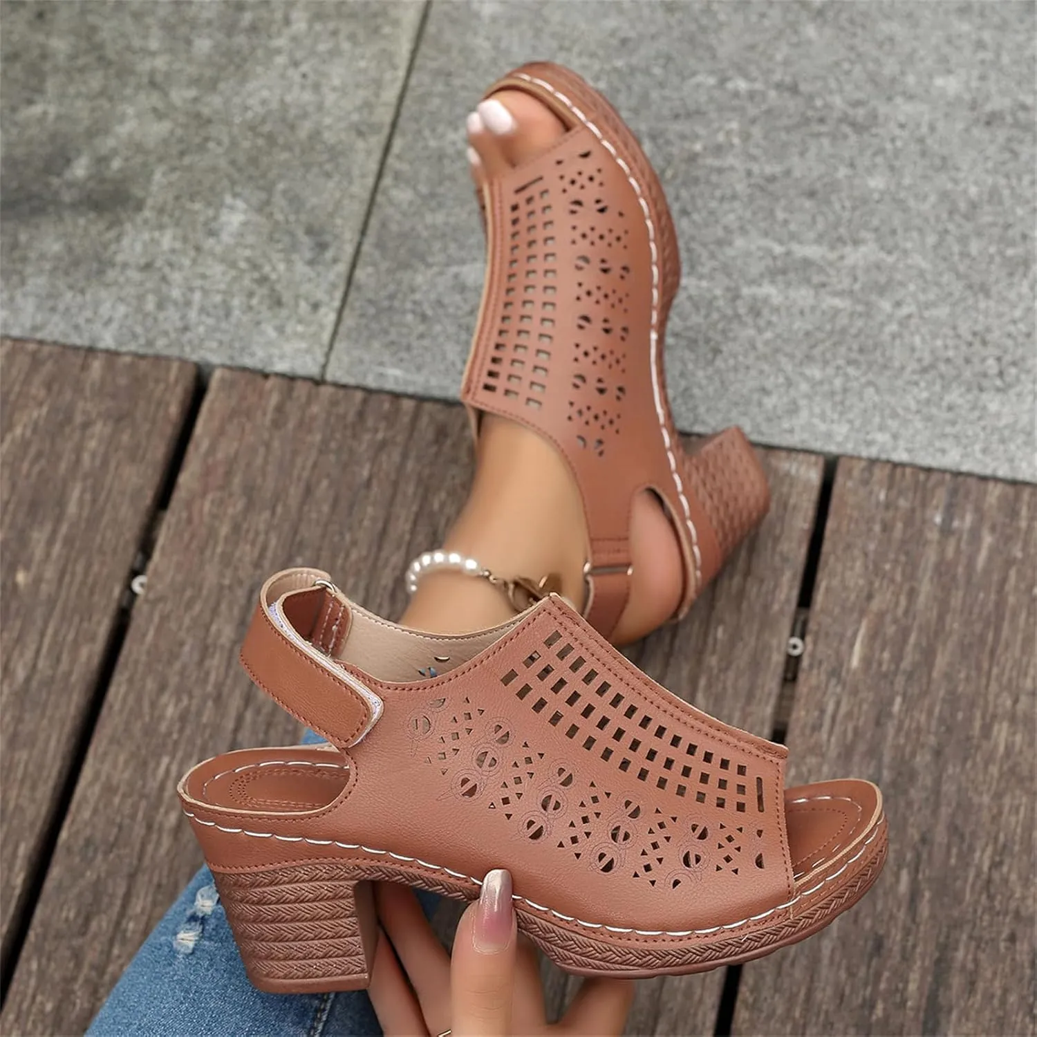 Women Peep Toe Chunky Heeled Sandals Block Heel Cutout Roman Sandals Buckle Ankle Strap Summer Casual Outdoor Dress Shoes