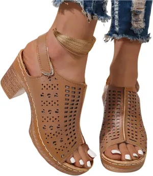 Women Peep Toe Chunky Heeled Sandals Block Heel Cutout Roman Sandals Buckle Ankle Strap Summer Casual Outdoor Dress Shoes