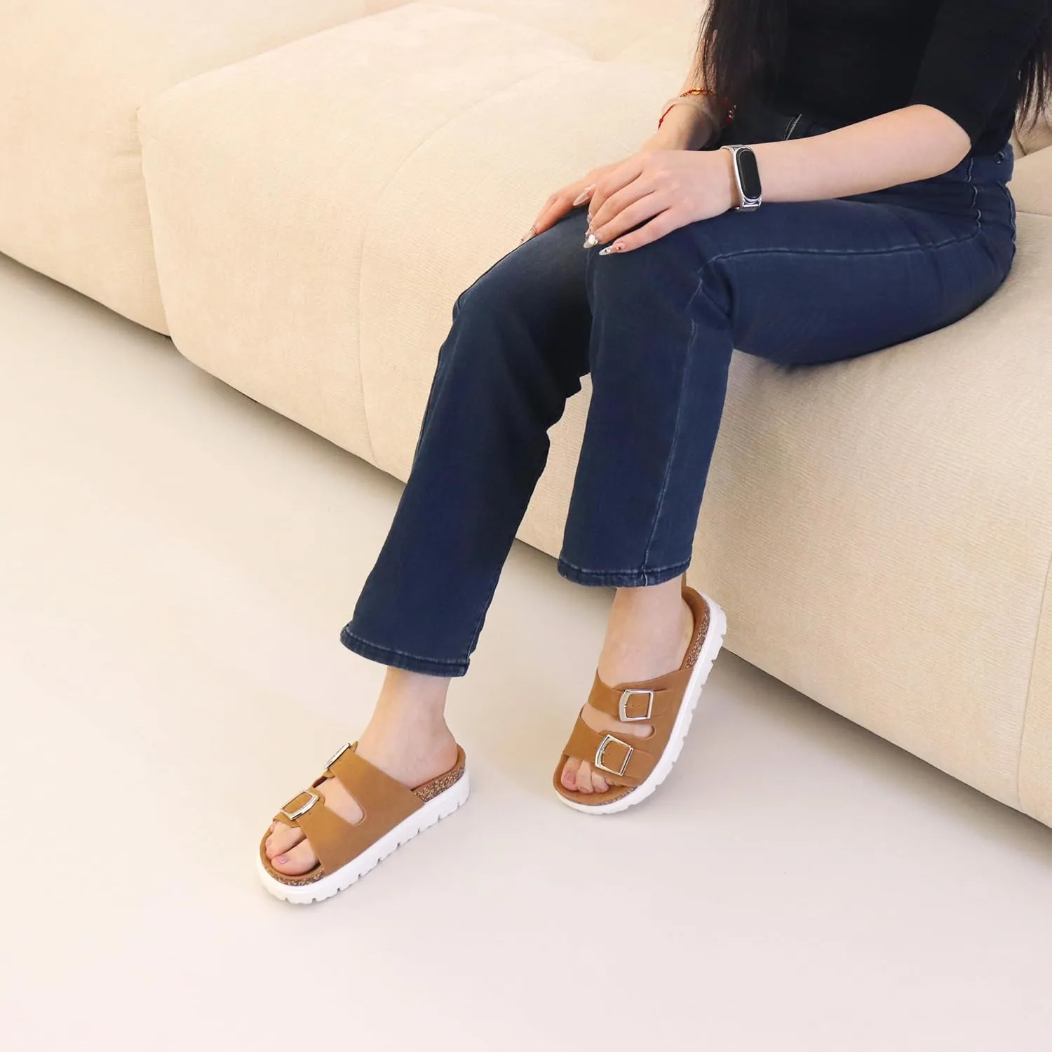Women Platform Sandals, Arch Support Slides with Adjustable Buckle Straps, Open-Toe Wedge Chunky Sandals for Summer Size 5-10