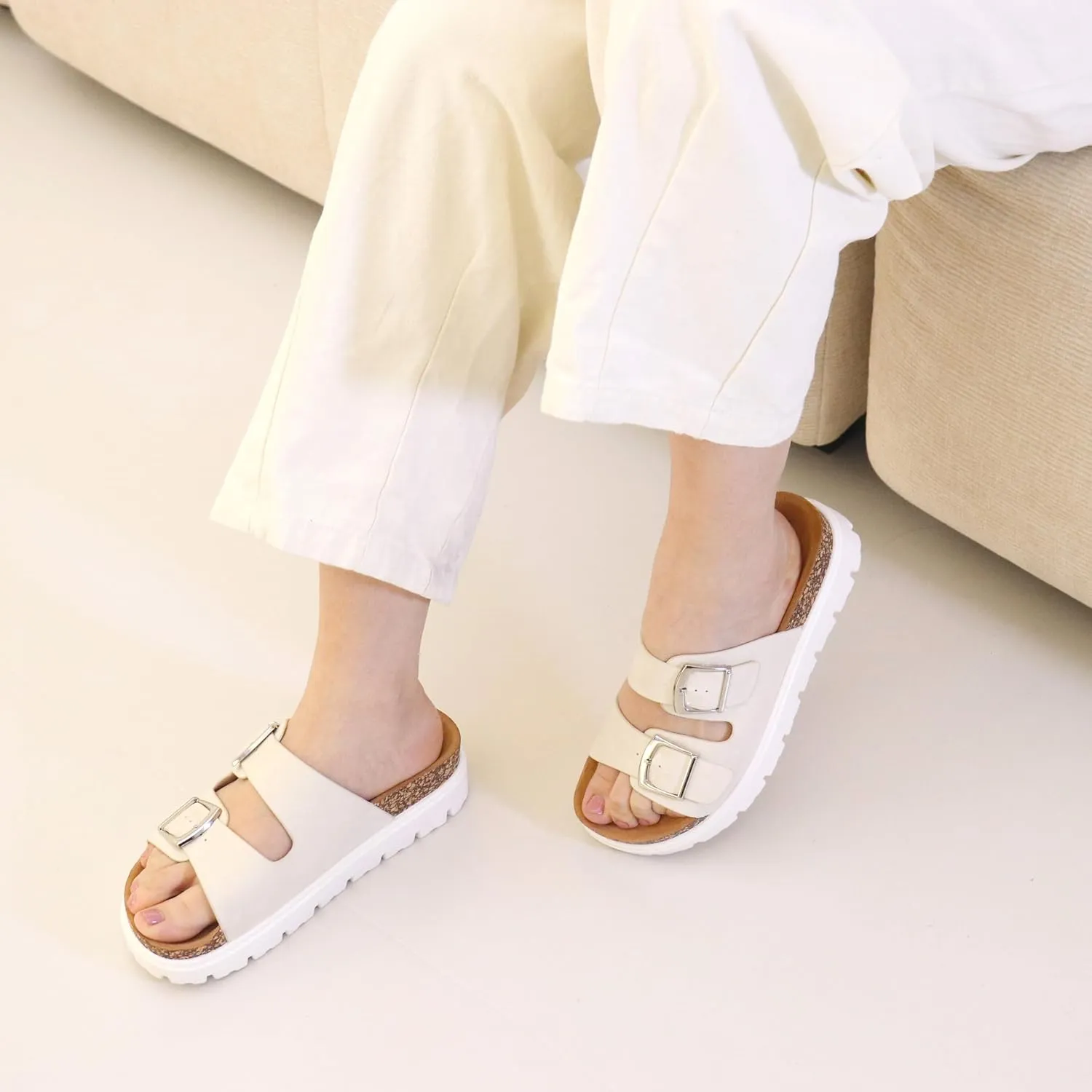 Women Platform Sandals, Arch Support Slides with Adjustable Buckle Straps, Open-Toe Wedge Chunky Sandals for Summer Size 5-10