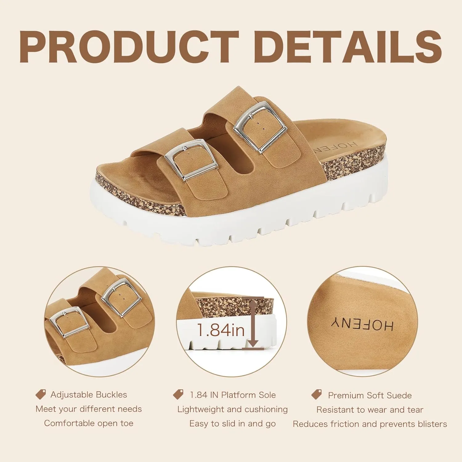 Women Platform Sandals, Arch Support Slides with Adjustable Buckle Straps, Open-Toe Wedge Chunky Sandals for Summer Size 5-10