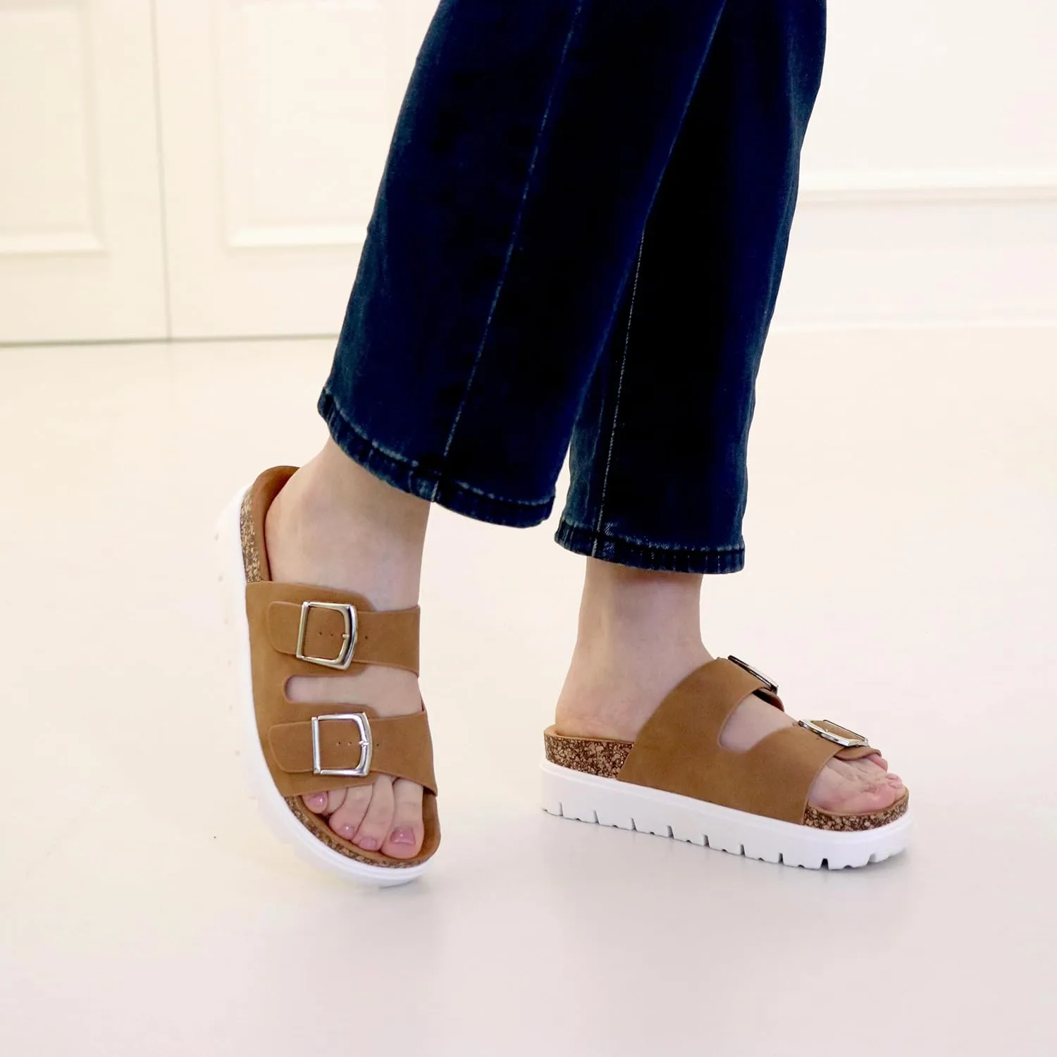 Women Platform Sandals, Arch Support Slides with Adjustable Buckle Straps, Open-Toe Wedge Chunky Sandals for Summer Size 5-10