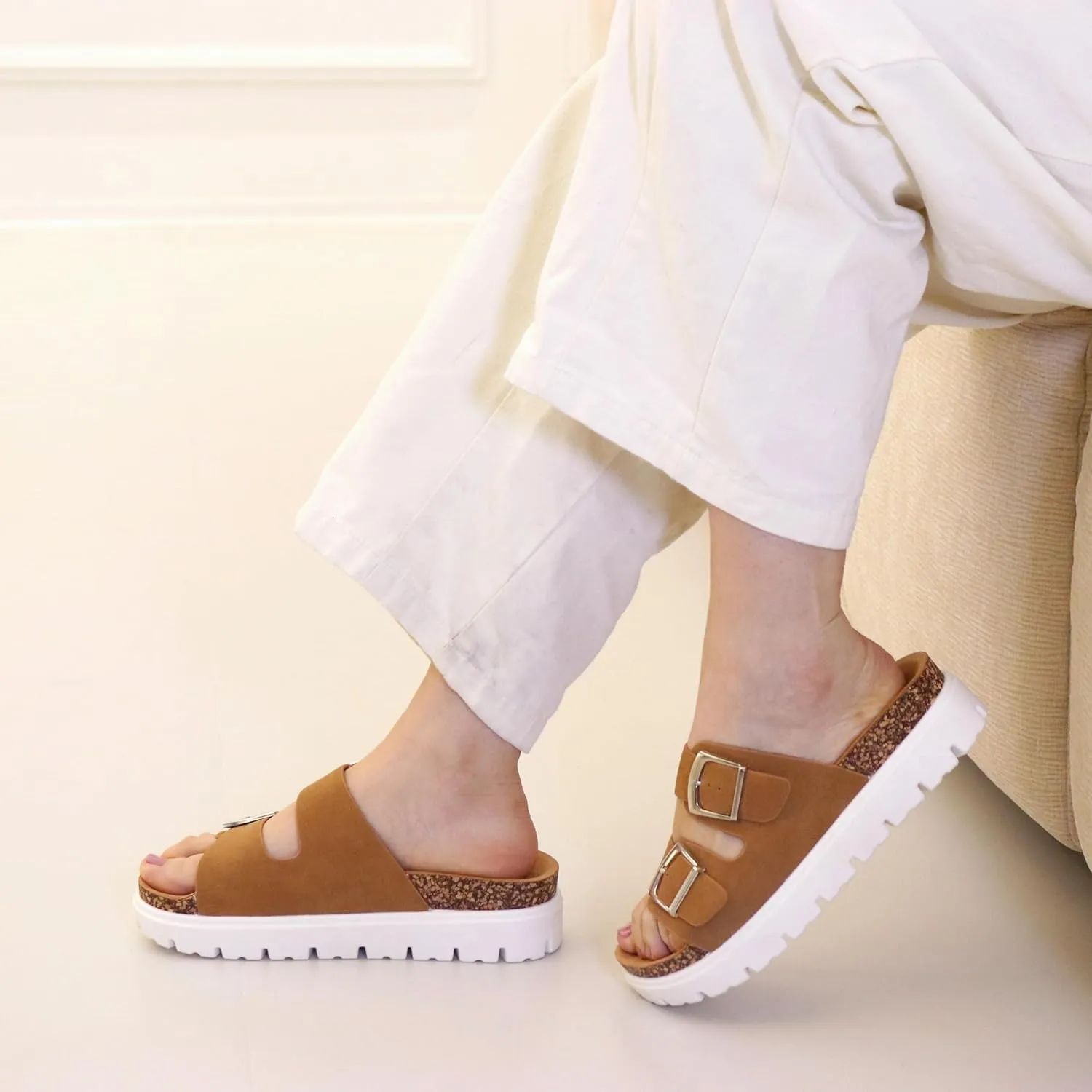Women Platform Sandals, Arch Support Slides with Adjustable Buckle Straps, Open-Toe Wedge Chunky Sandals for Summer Size 5-10