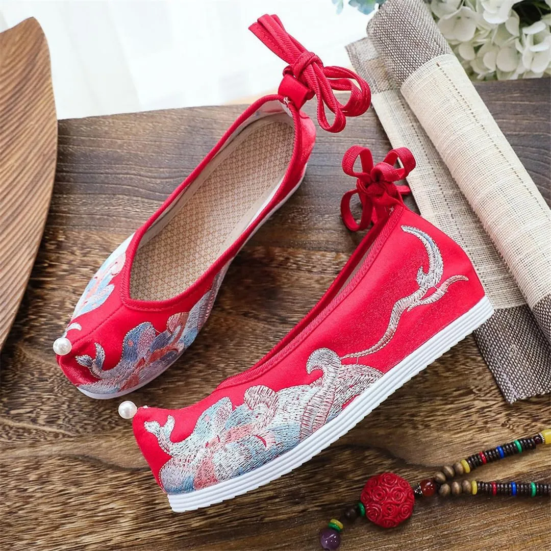 Women Satin Canvas Hidden Platform Hanfu Shoes Vintage Chinese Style Sneakers With Pearls
