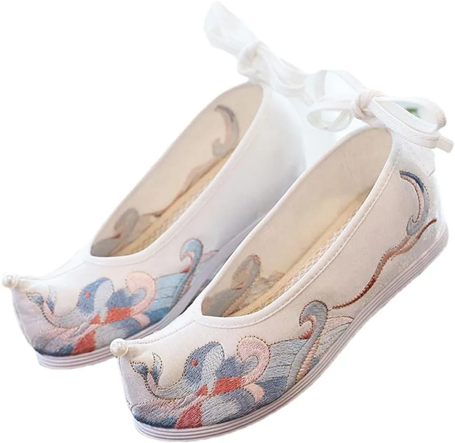 Women Satin Canvas Hidden Platform Hanfu Shoes Vintage Chinese Style Sneakers With Pearls