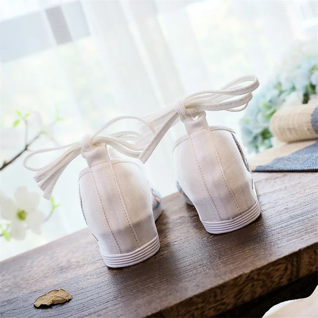 Women Satin Canvas Hidden Platform Hanfu Shoes Vintage Chinese Style Sneakers With Pearls
