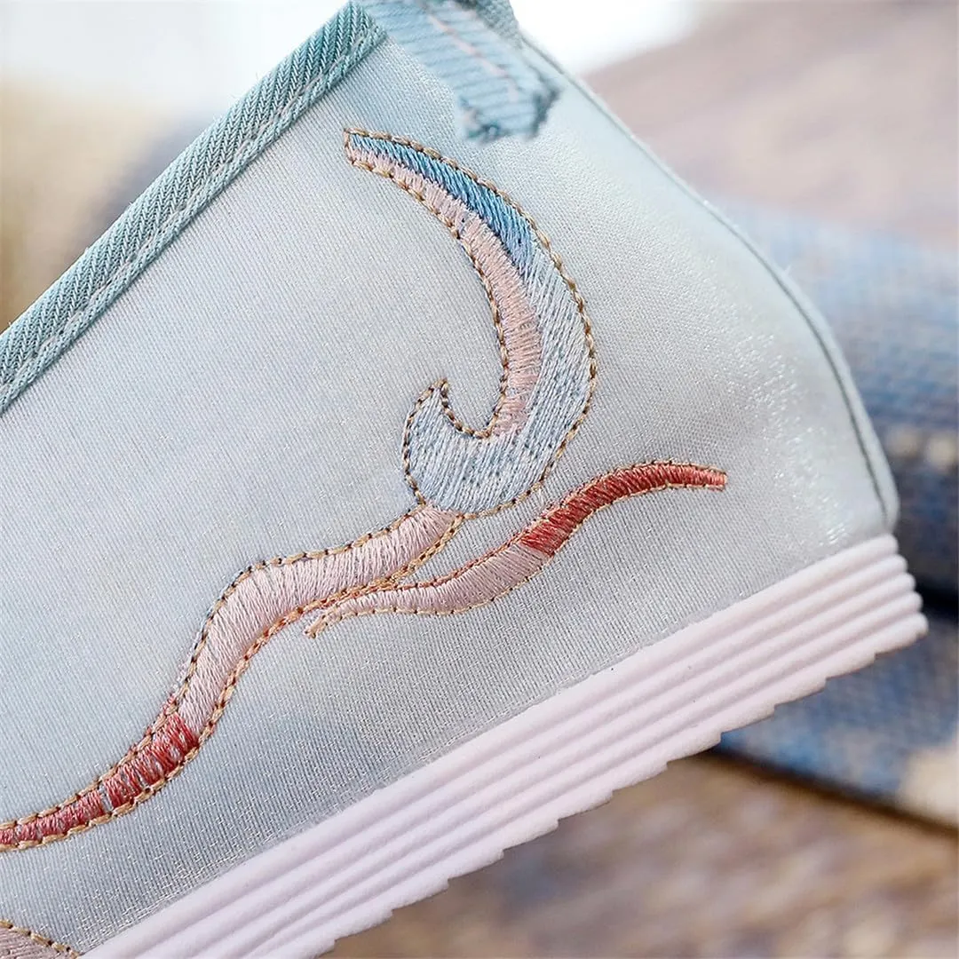 Women Satin Canvas Hidden Platform Hanfu Shoes Vintage Chinese Style Sneakers With Pearls