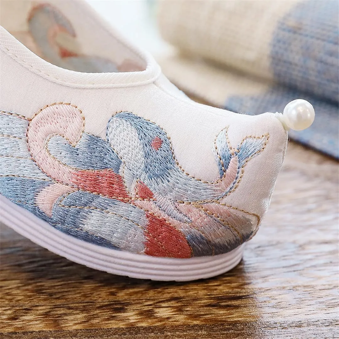 Women Satin Canvas Hidden Platform Hanfu Shoes Vintage Chinese Style Sneakers With Pearls