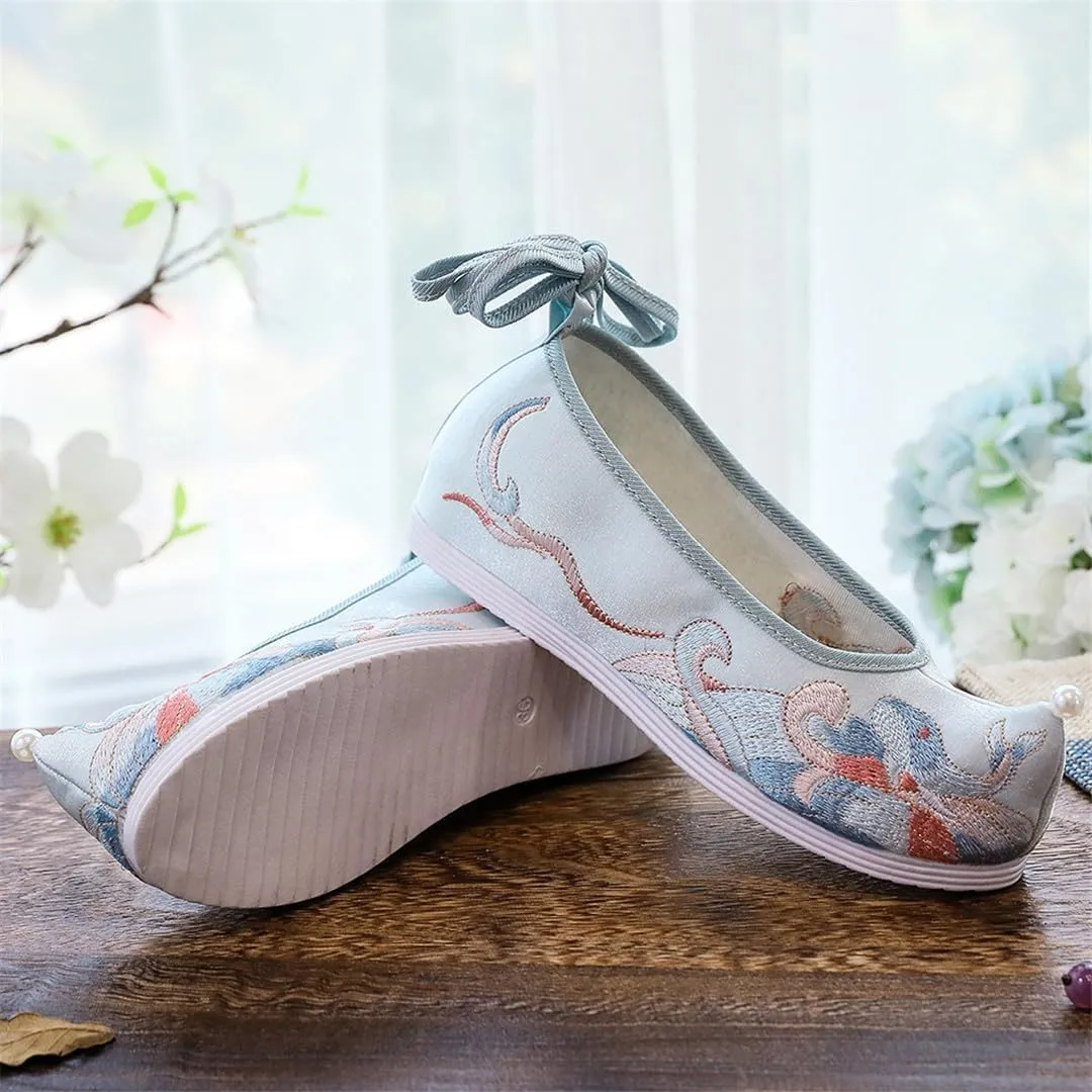 Women Satin Canvas Hidden Platform Hanfu Shoes Vintage Chinese Style Sneakers With Pearls