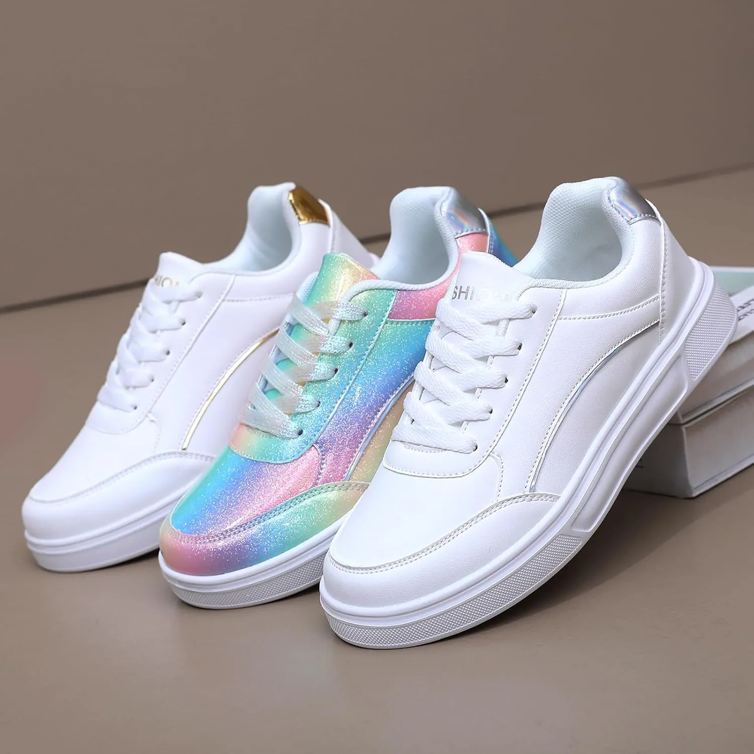 Women Shoes Casual Sneakers for Women Lace Up Skate Shoes Classicial White Shoes Cute Design Rainbow Colored Fashion Shoes for Students