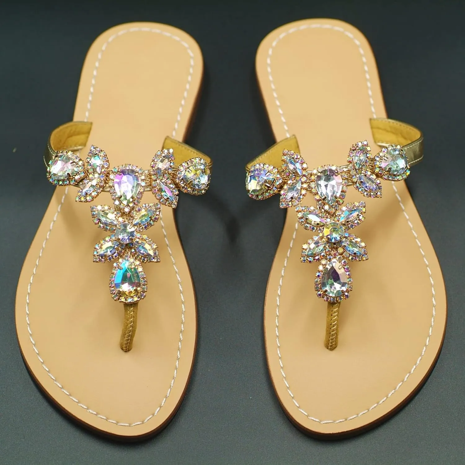 Women Sparkly Jeweled Thong Boho Sandals Bling Rhinestone Flip Flops with Crystal Diamond Flat Fancy Sandalias Gem Bohemian Beach Wedding Sandals Shoes